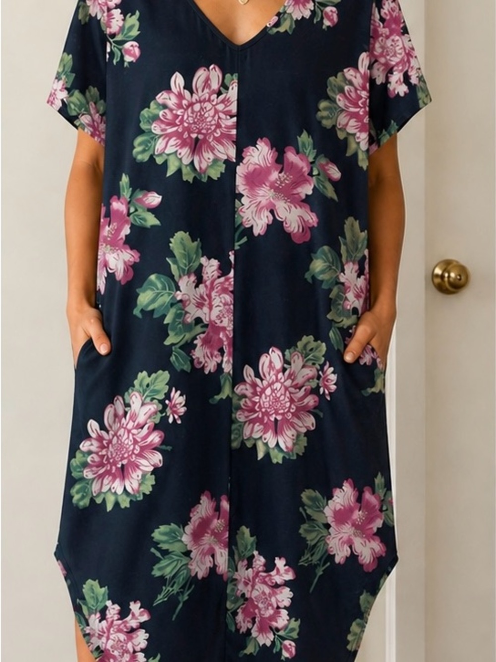 Floral V-Neck Maxi Dress in Navy with Pink Blooms